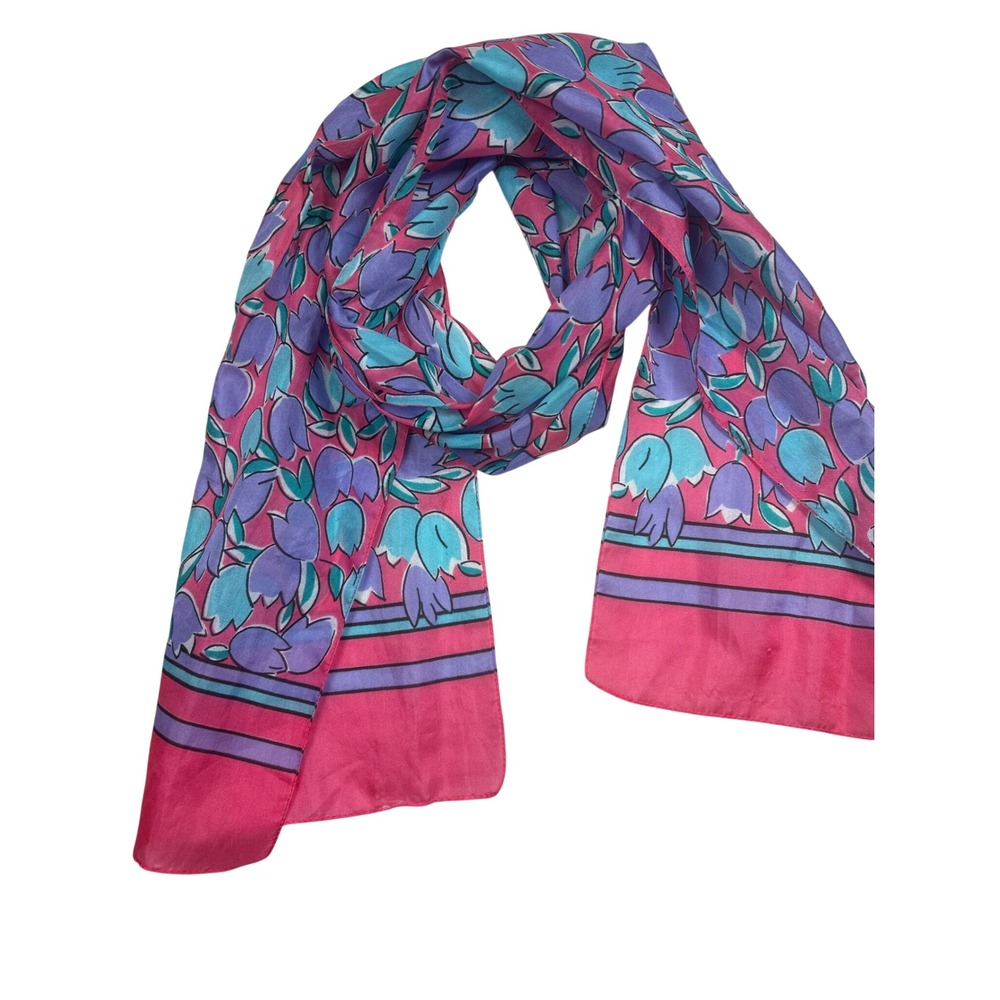 Pink Purple Tulip Floral Print Long Rectangular Scarf Silky Spring Accessory